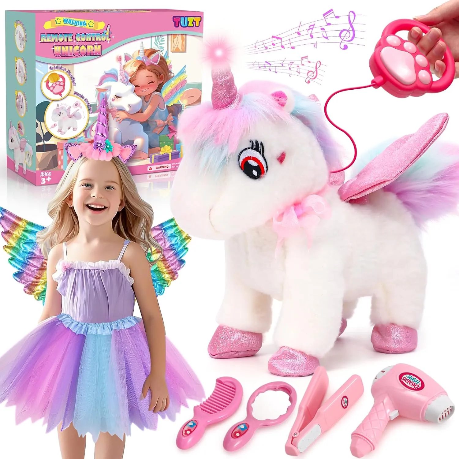Walking Talking Remote Control Unicorn Toy for Girl Age 4-6, Electronic Interactive Plush Unicorn with Leash & Costume, Pretend Play Pet Care Toy Birthday Gift for Toddler Kid Girl Age 3 4 5 6 7