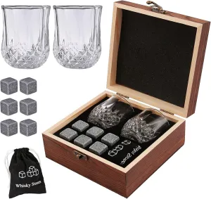 Whiskey Stones and Whiskey Glass Gift Set of 4, for Men | Father's Day, 6 Granite Whiskey Stones, 2 Whiskey Glasses,1 Wooden Box,1 Velvet Freezer Bag