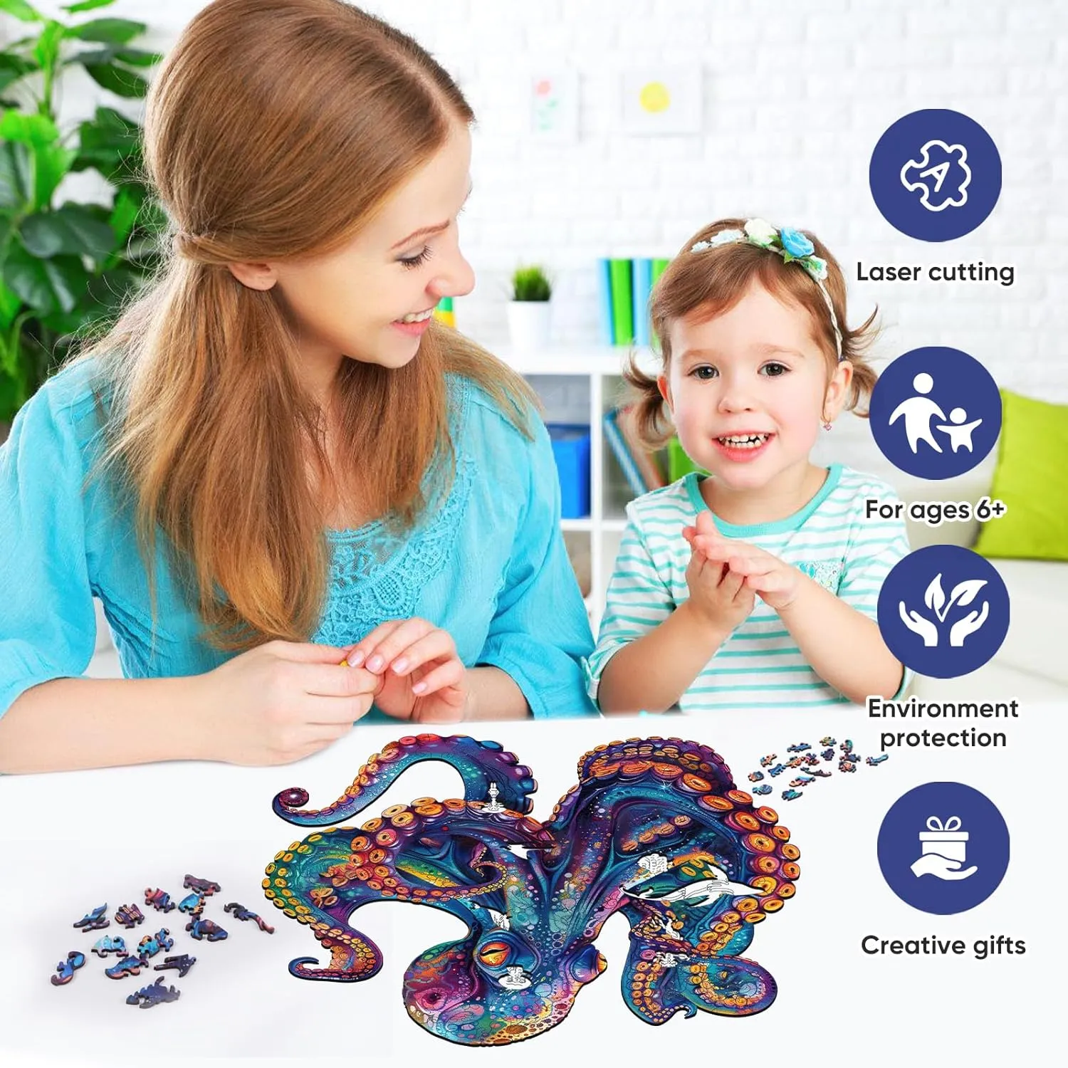 Wooden Puzzles for Adults,Octopus Wooden Jigsaw Puzzles 200pcs,11.2x11.2in,Medium,Unique Shape Adult Puzzles,Irregular Wood Puzzles Creative Gift for Adults and Kids Family Game