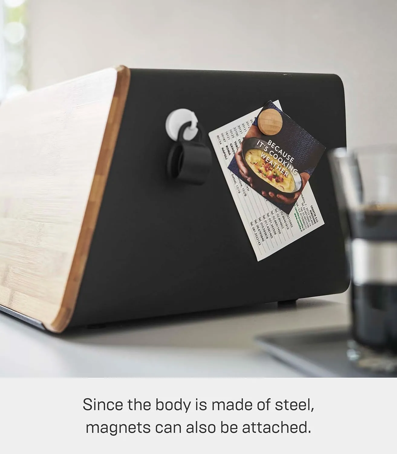 Yamazaki Home Metal Bread Box With Removable Bamboo Wooden Cutting Board Lid, Kitchen Storage Box