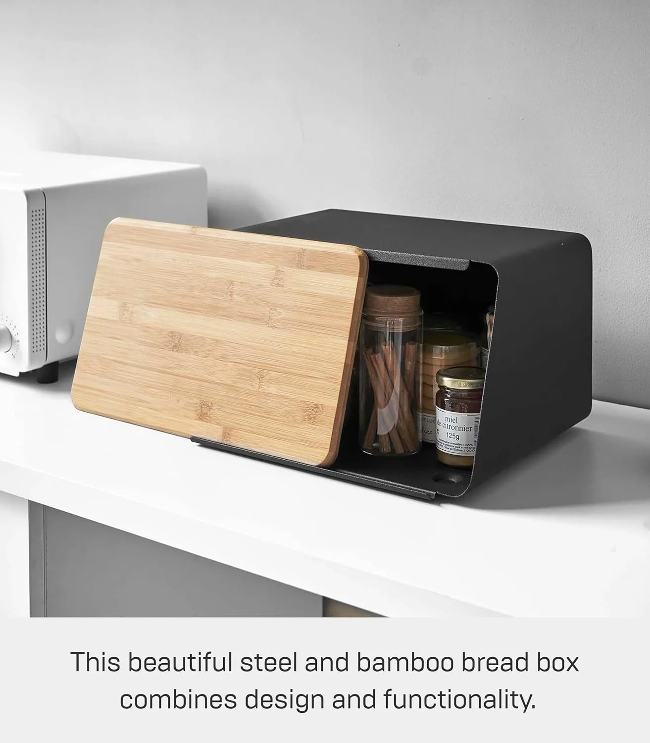Yamazaki Home Metal Bread Box With Removable Bamboo Wooden Cutting Board Lid, Kitchen Storage Box