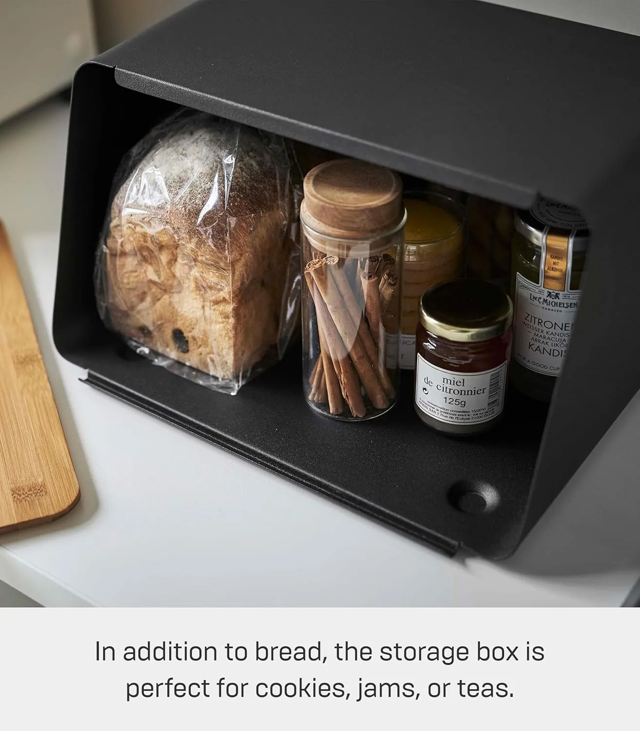 Yamazaki Home Metal Bread Box With Removable Bamboo Wooden Cutting Board Lid, Kitchen Storage Box