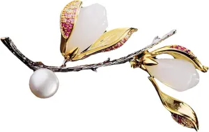 YEJIANGHUA Style Elegant Magnolia Brooches Freshwater Pearl Creative Simple Flower Pins Literary Suit Accessories Fit For Women Jewelry Natural